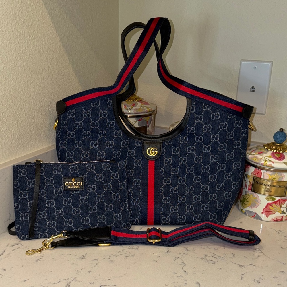 Gucci Blue GG Canvas Tote with Red and Navy Stripe